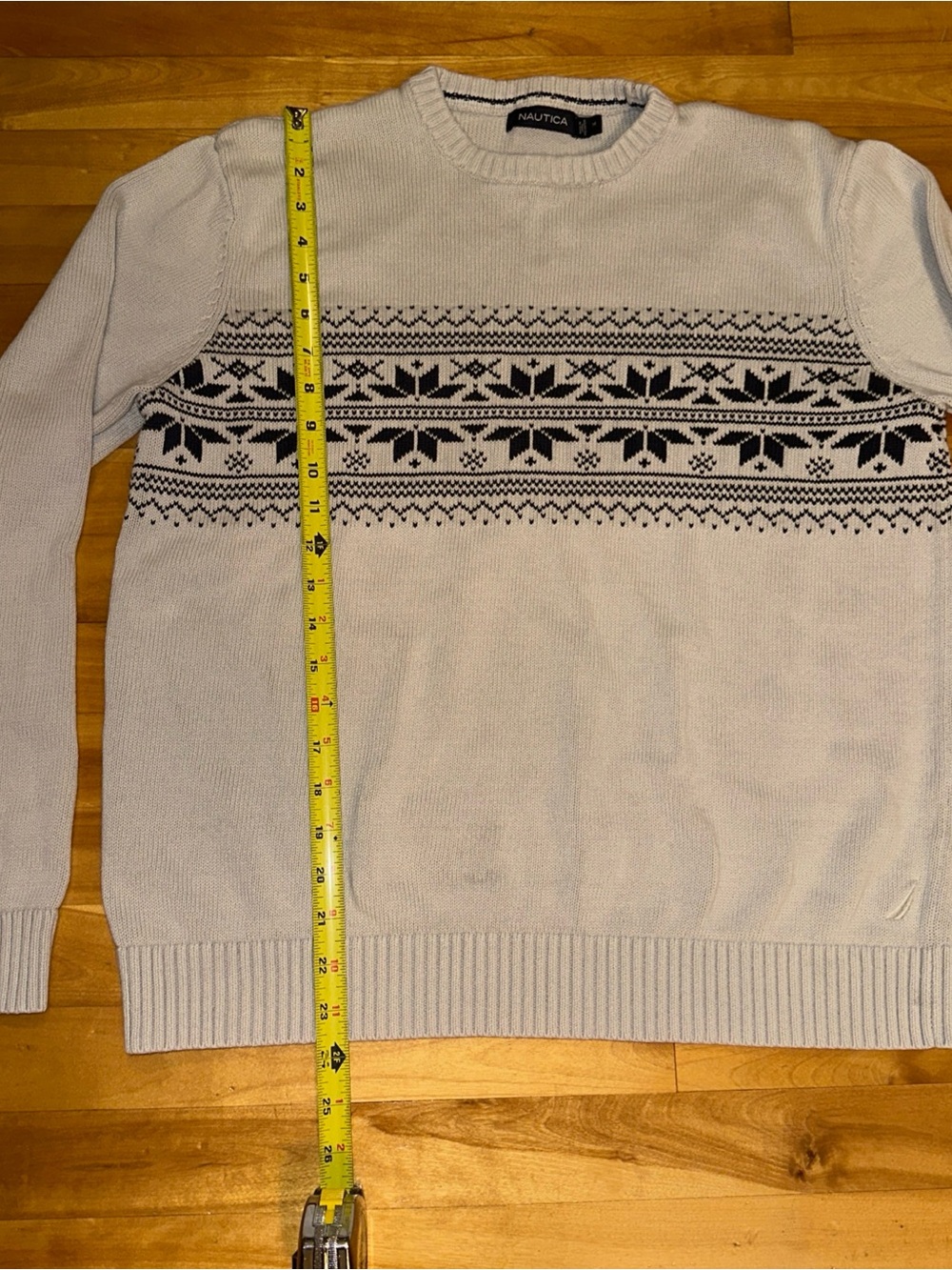 Nautica Mens M Fair Isle Sweater Gray Black 100% Cotton Nordic Crewneck - Picture 6 of 8